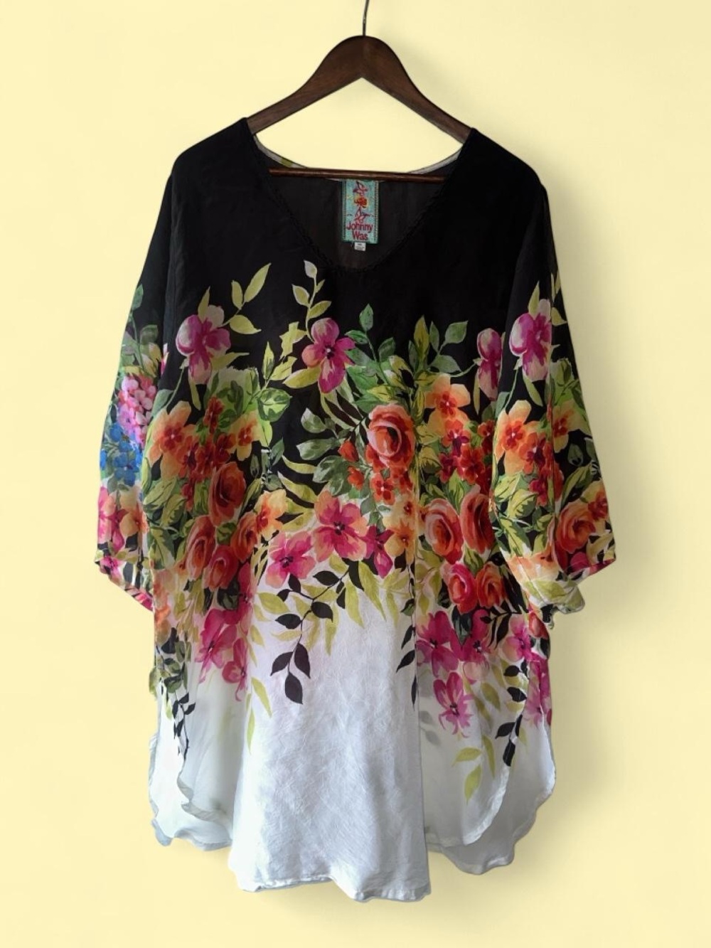 Johnny Was Silk Floral Printed Sheer Kaftan Tunic Top T-Shirt Size XXL